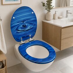 Toilet Seat with Soft Close Lid Blue Water Drop Design MDF Adjustable Hinges
