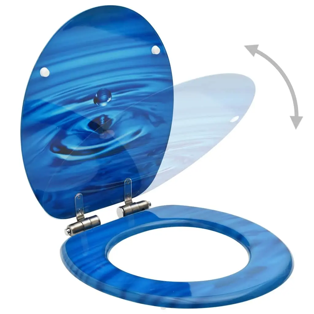 Toilet Seat with Soft Close Lid Blue Water Drop Design MDF Adjustable Hinges