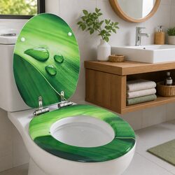 Toilet Seat with Soft Close Lid Green Water Drop Design Adjustable Hinges