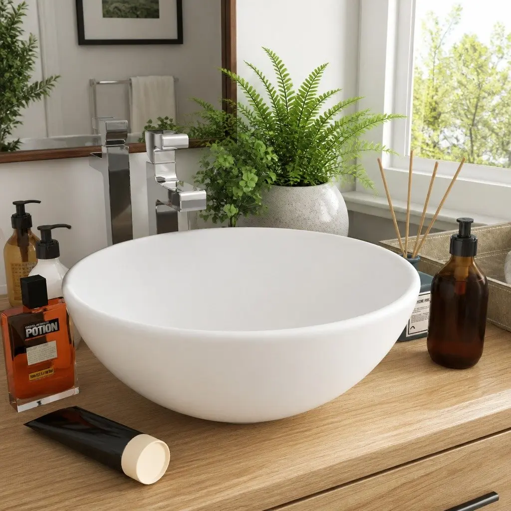 Round Ceramic Bathroom Basin Matt White Above Counter Sink Wash Bowl 32.5cm