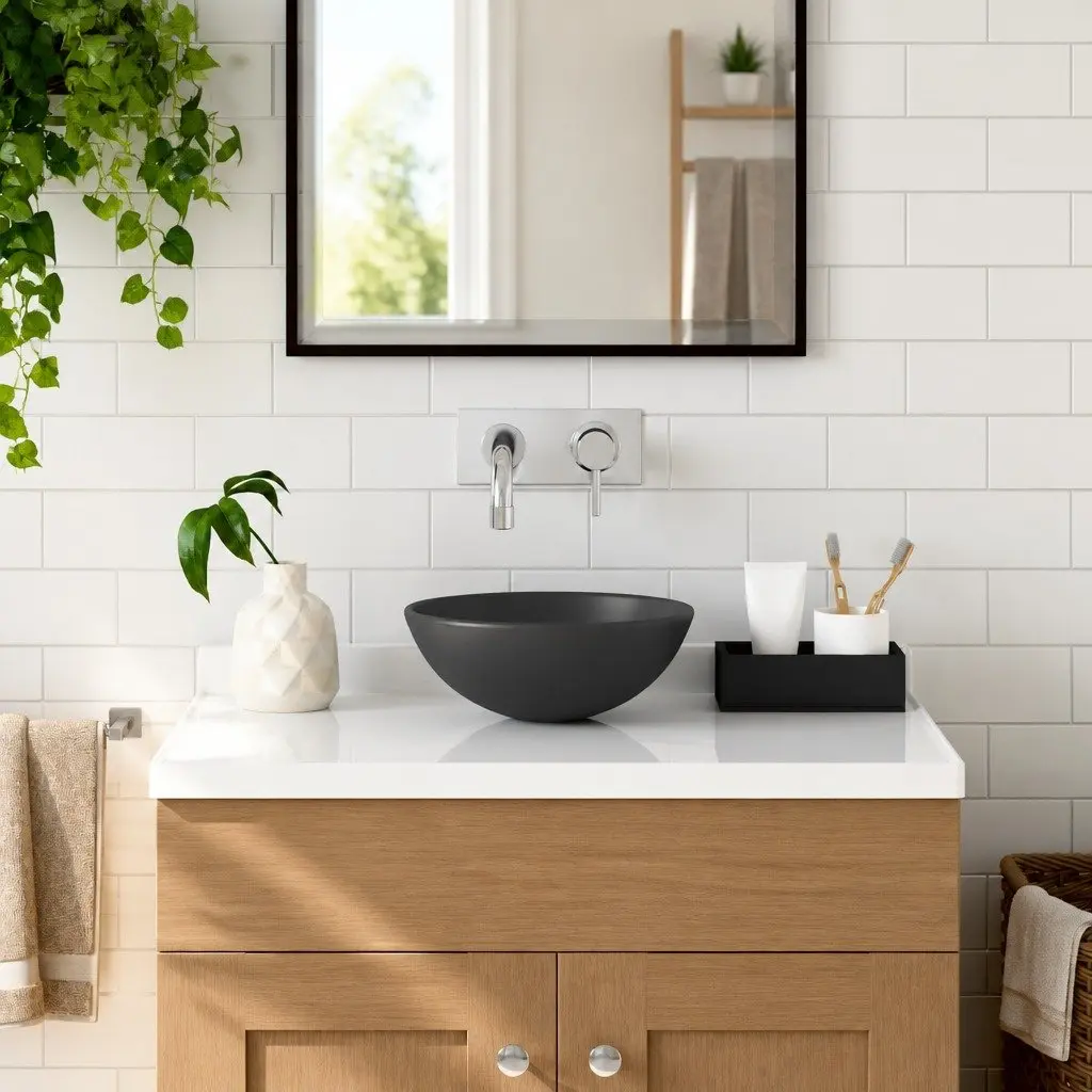 Round Bathroom Basin Ceramic Grey Above Counter Mount Vessel Sink Modern Decor