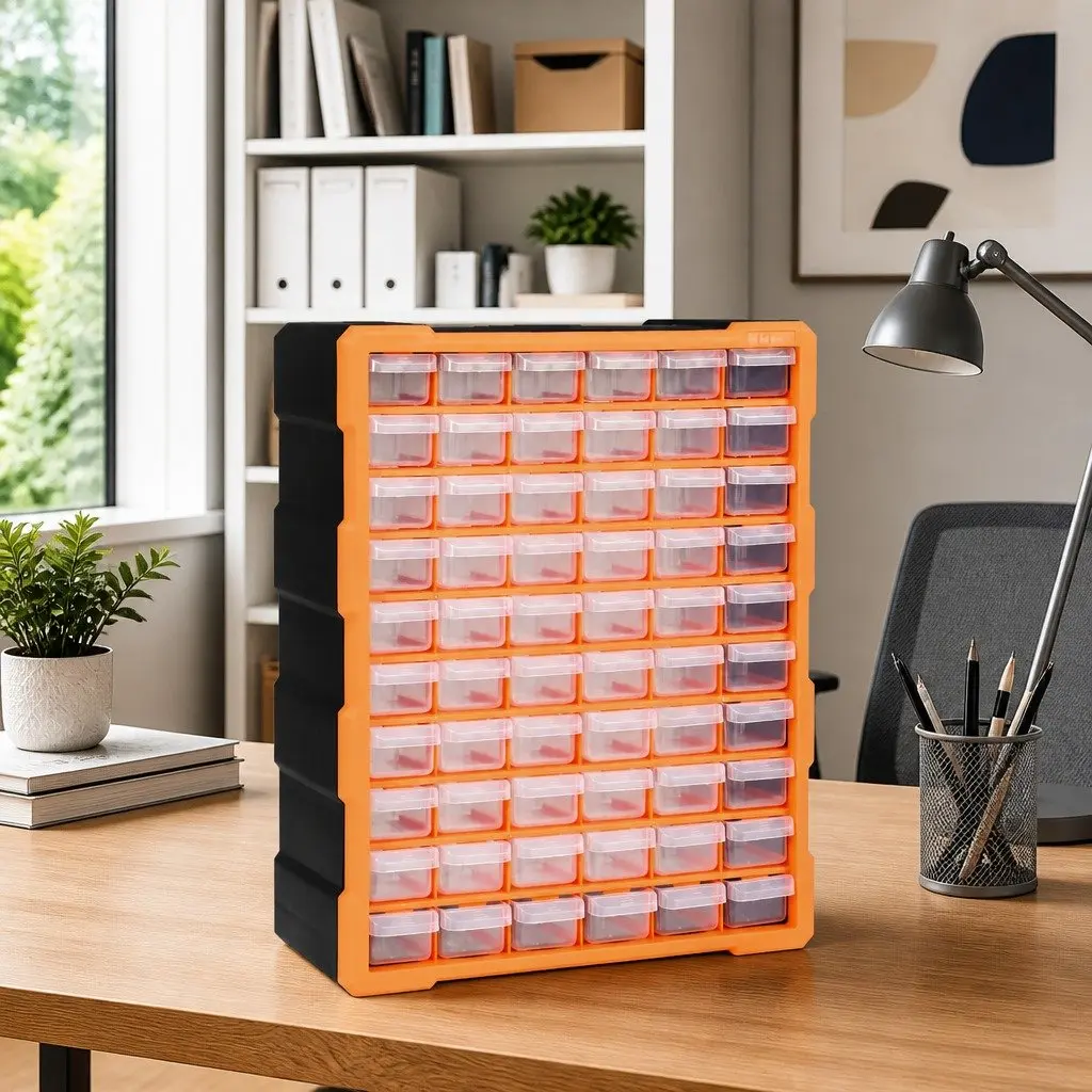 Multi-Drawer Organiser Tool Storage Box 60 Drawers Orange Impact-Resistant Plastic Wall Mount