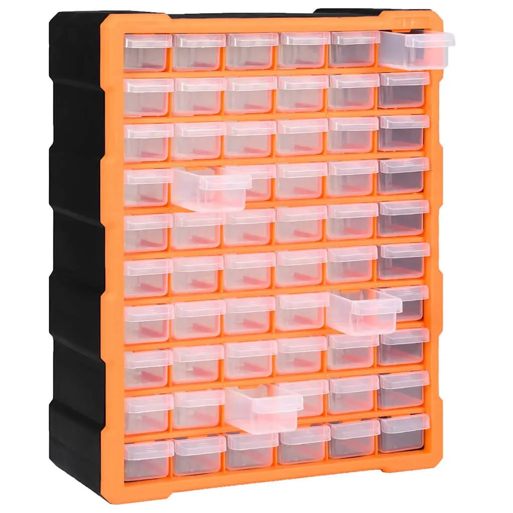 Multi-Drawer Organiser Tool Storage Box 60 Drawers Orange Impact-Resistant Plastic Wall Mount