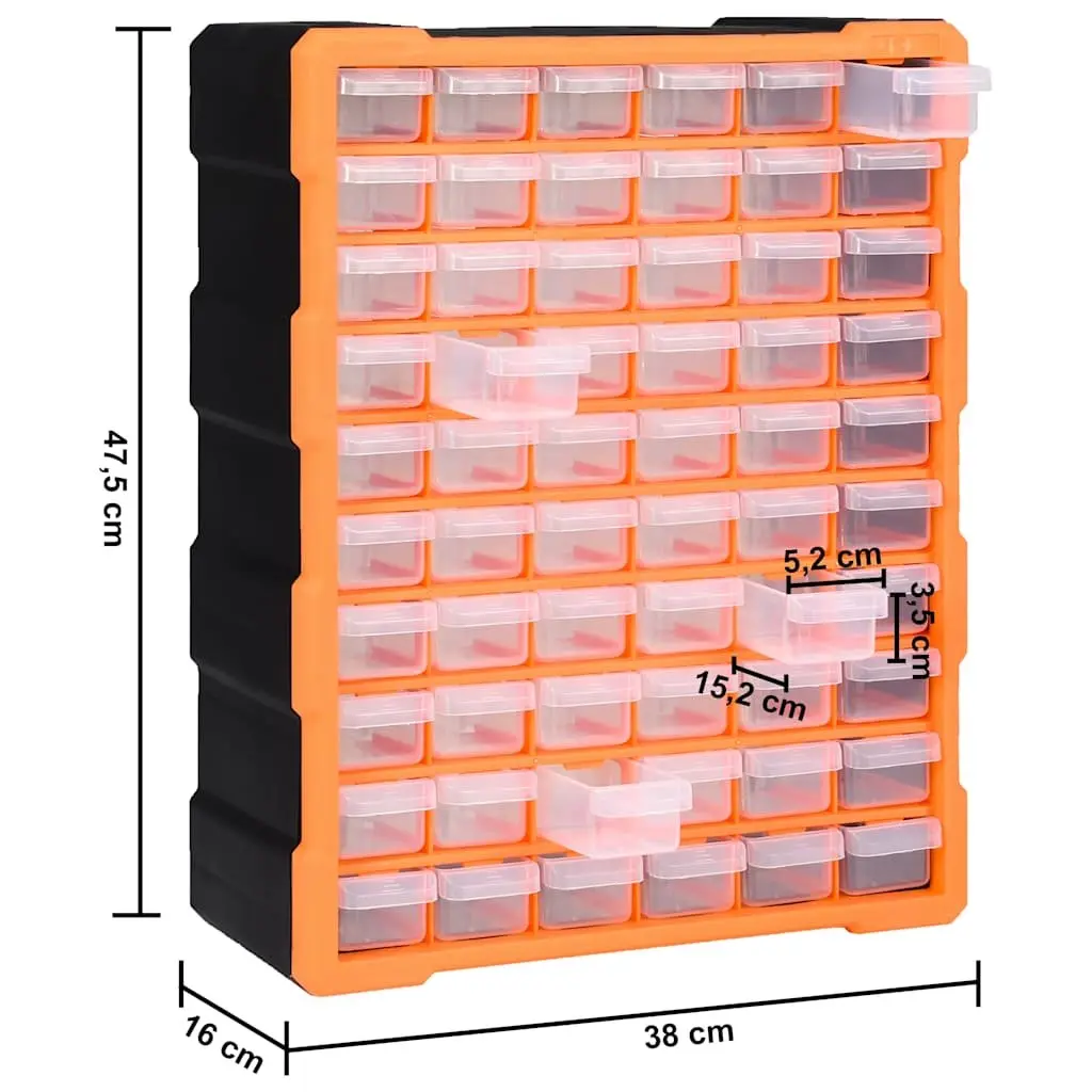 Multi-Drawer Organiser Tool Storage Box 60 Drawers Orange Impact-Resistant Plastic Wall Mount