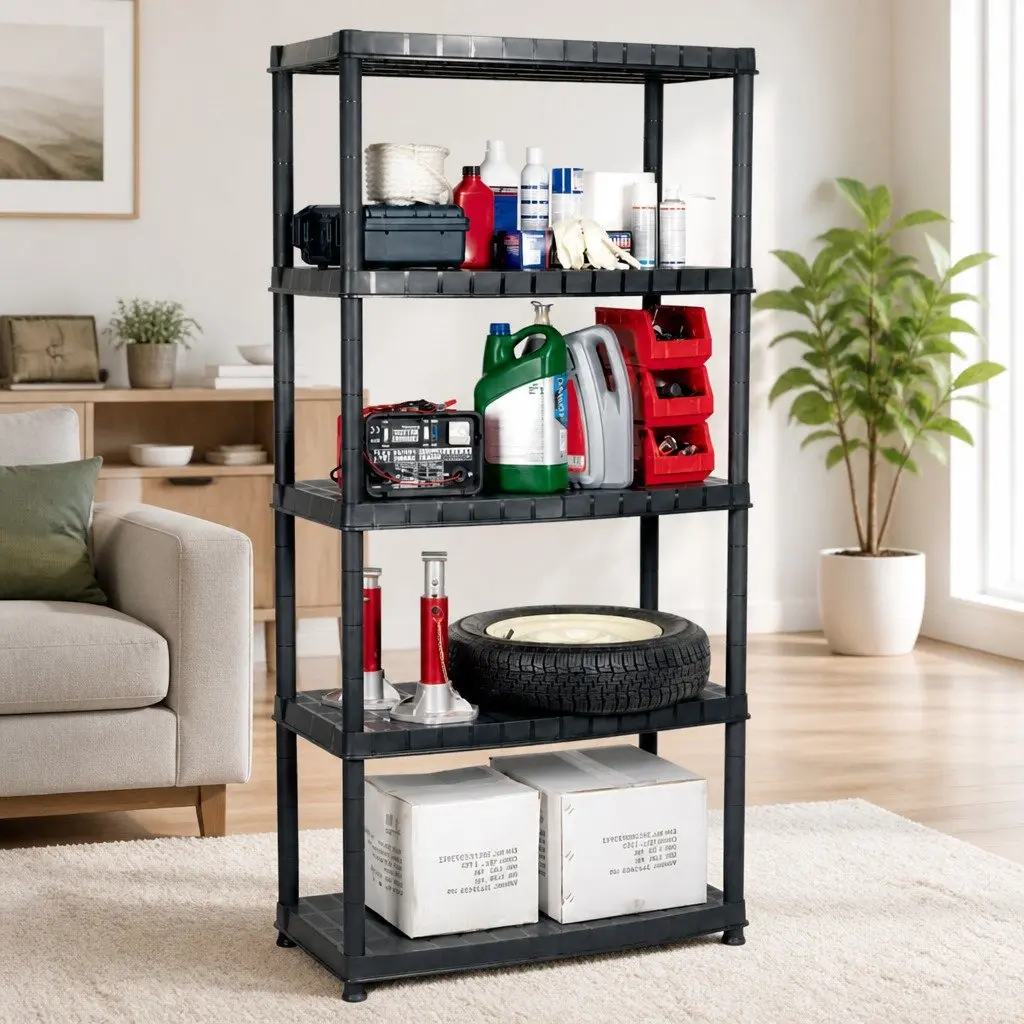 5-Tier Storage Shelf Organizer Rack Black Plastic Display Stand