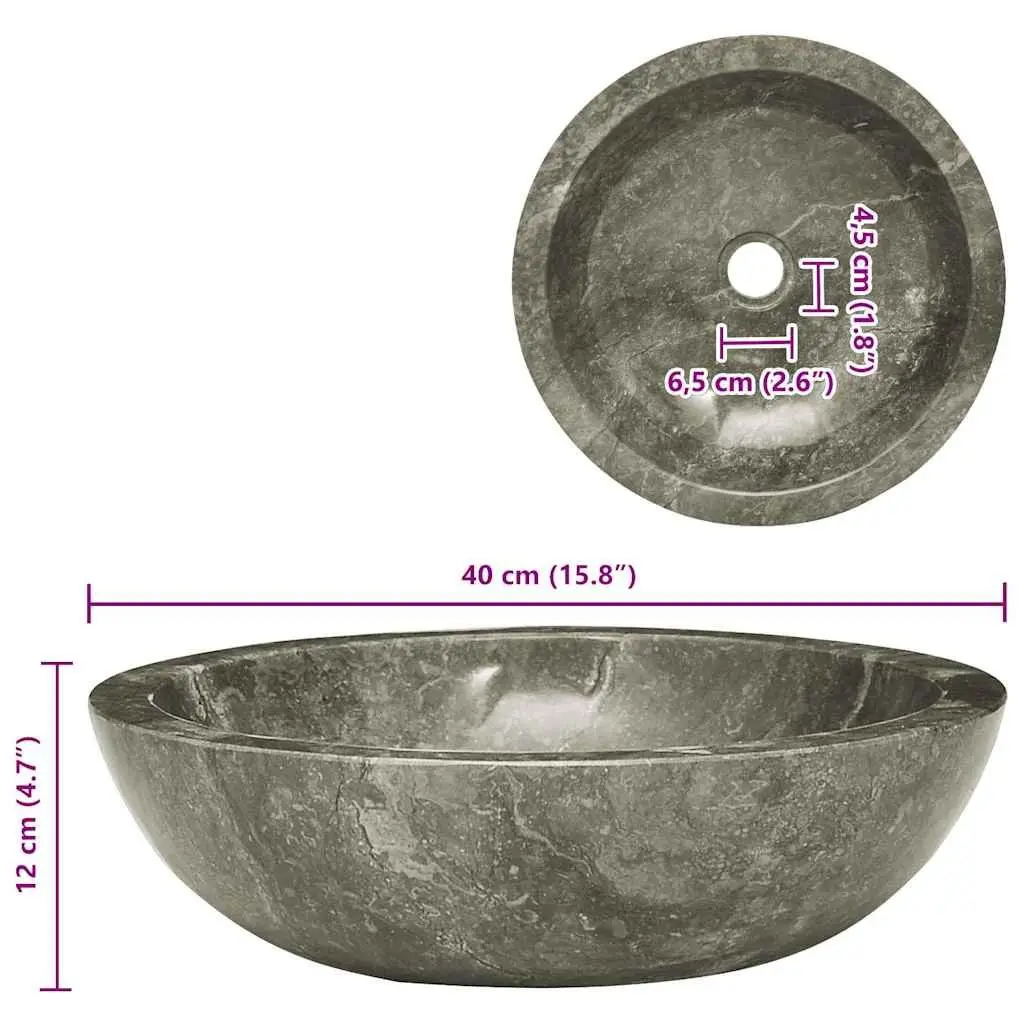Bathroom Sink Round Grey Marble 40cm Diameter Handmade Natural Stone
