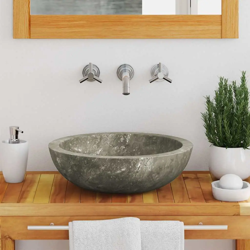 Bathroom Sink Round Grey Marble 40cm Diameter Handmade Natural Stone
