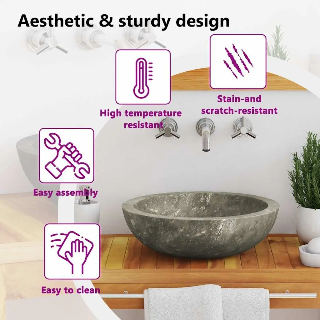 Bathroom Sink Round Grey Marble 40cm Diameter Handmade Natural Stone