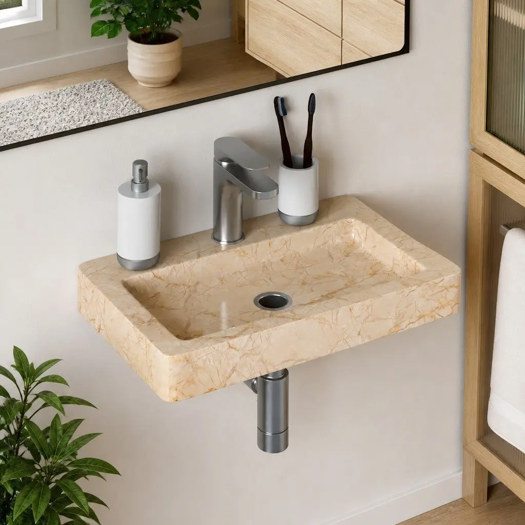 Wall-mounted Bathroom Basin Cream Marble Sink Washroom Vanity Fixture Modern