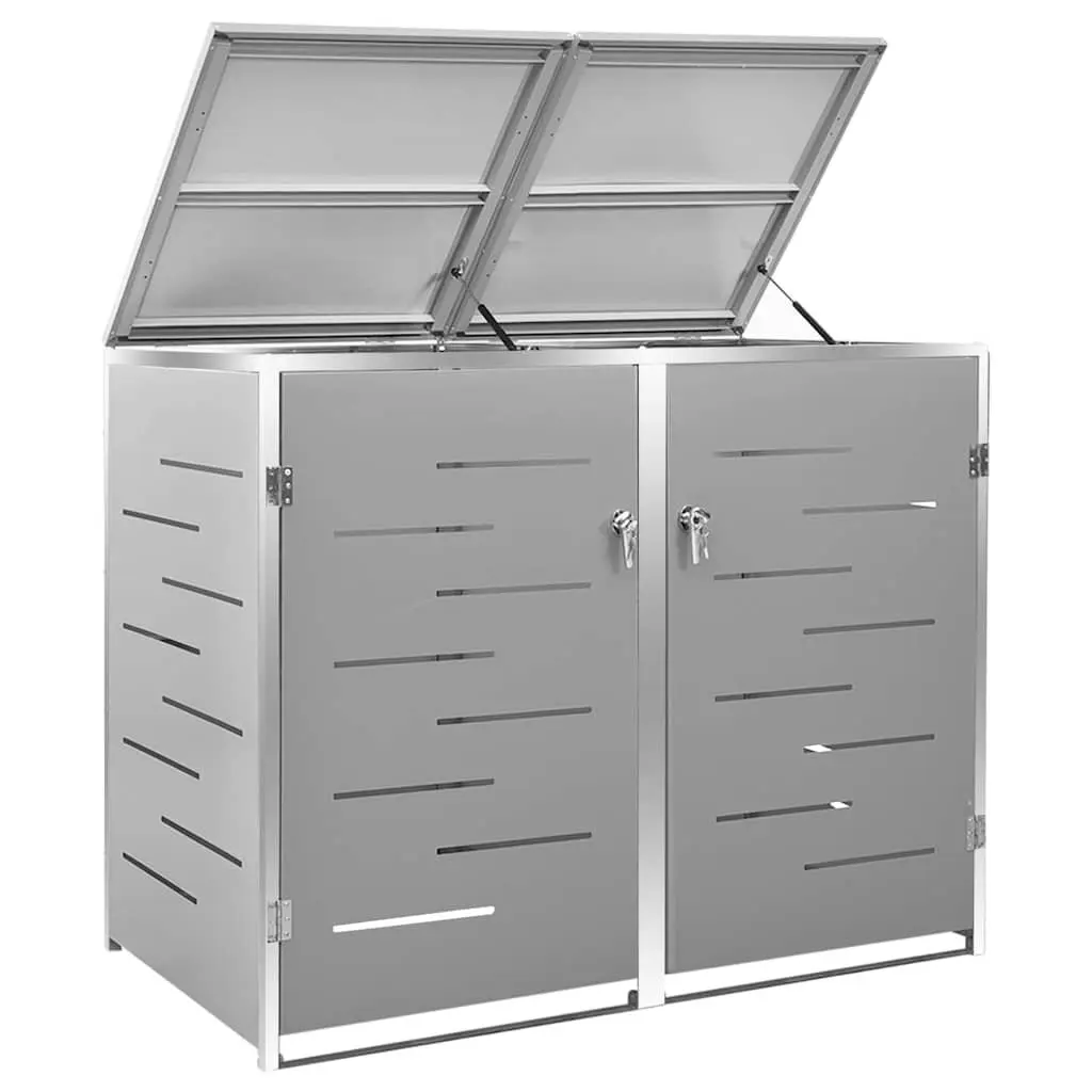 Double Wheelie Bin Shed Garden Waste Container Enclosure 138 x 77.5 x 115 cm Grey Stainless Steel Frame