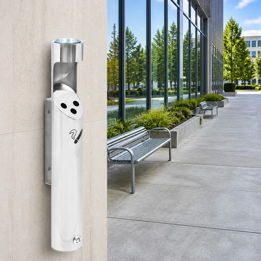 Wall Mounted Ashtray Stainless Steel Cigarette Butt Disposal Cylindrical Silver