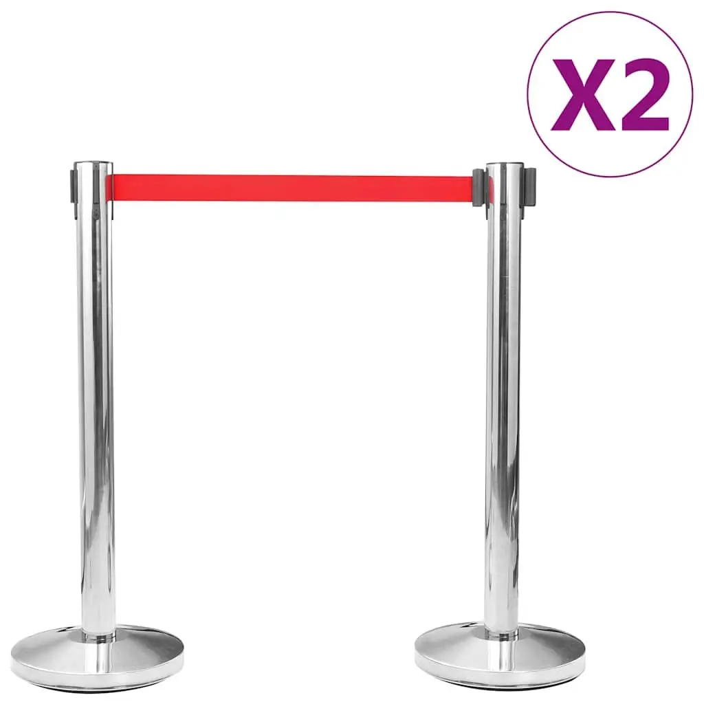 Safety Stanchions Crowd Control Retractable Belt 4 Piece Stainless Steel Silver