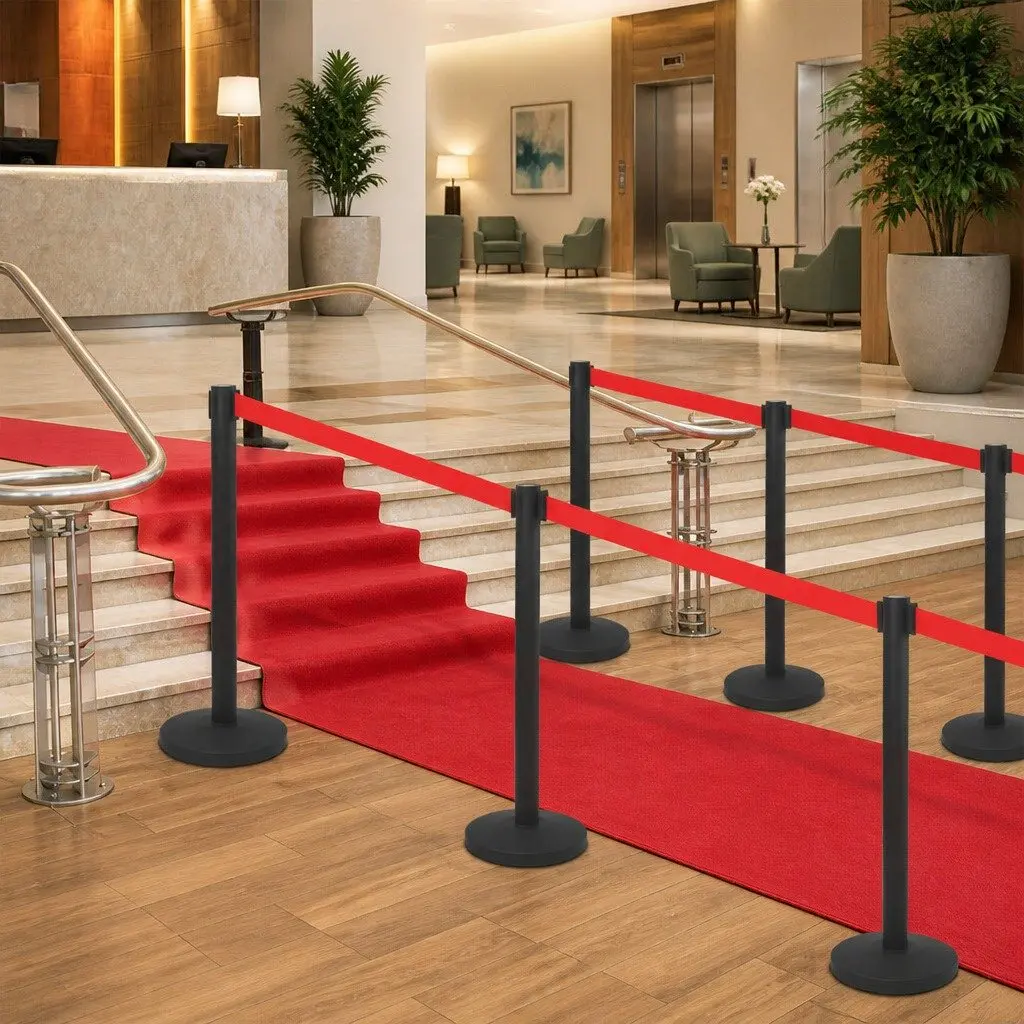 Stanchion Barrier Crowd Control Retractable Belt 4 Piece Black Iron