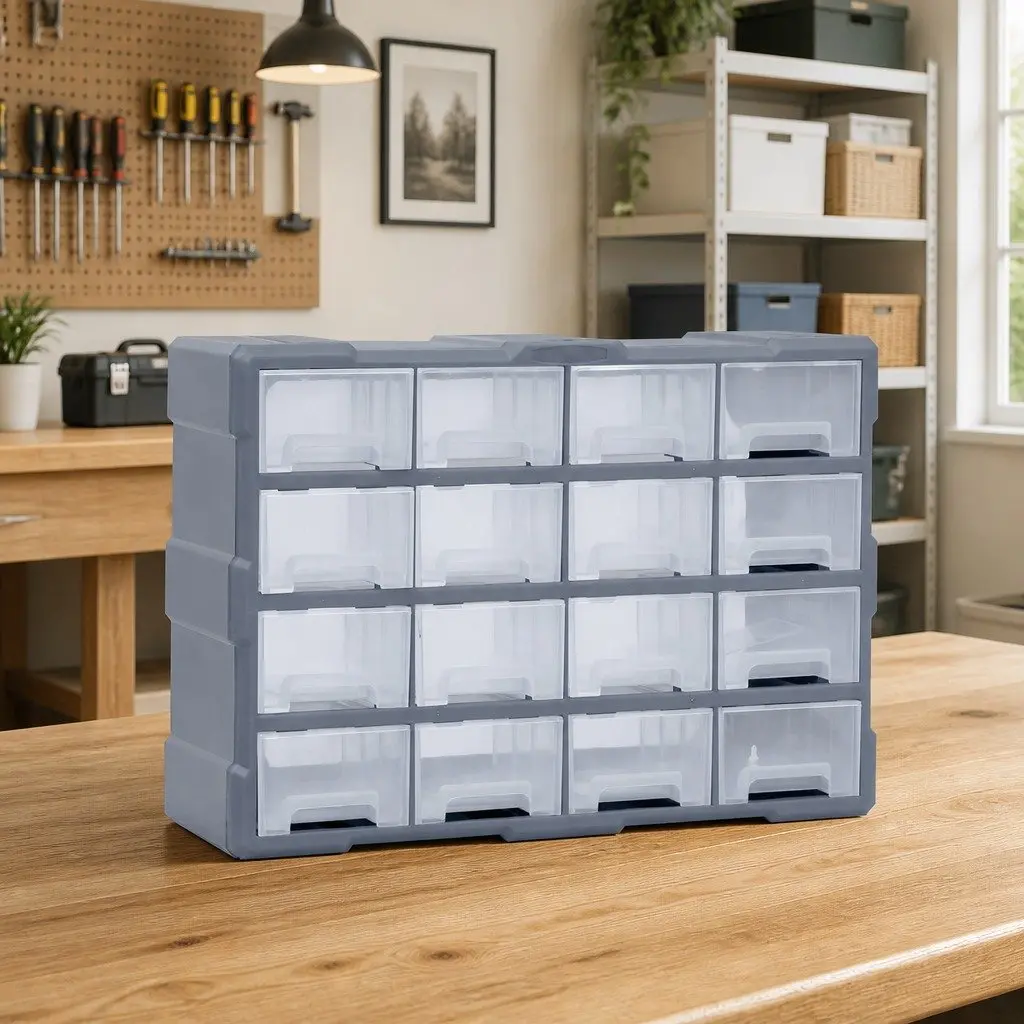 Multi-Drawer Organiser Tool Storage Box 16 Drawers Grey