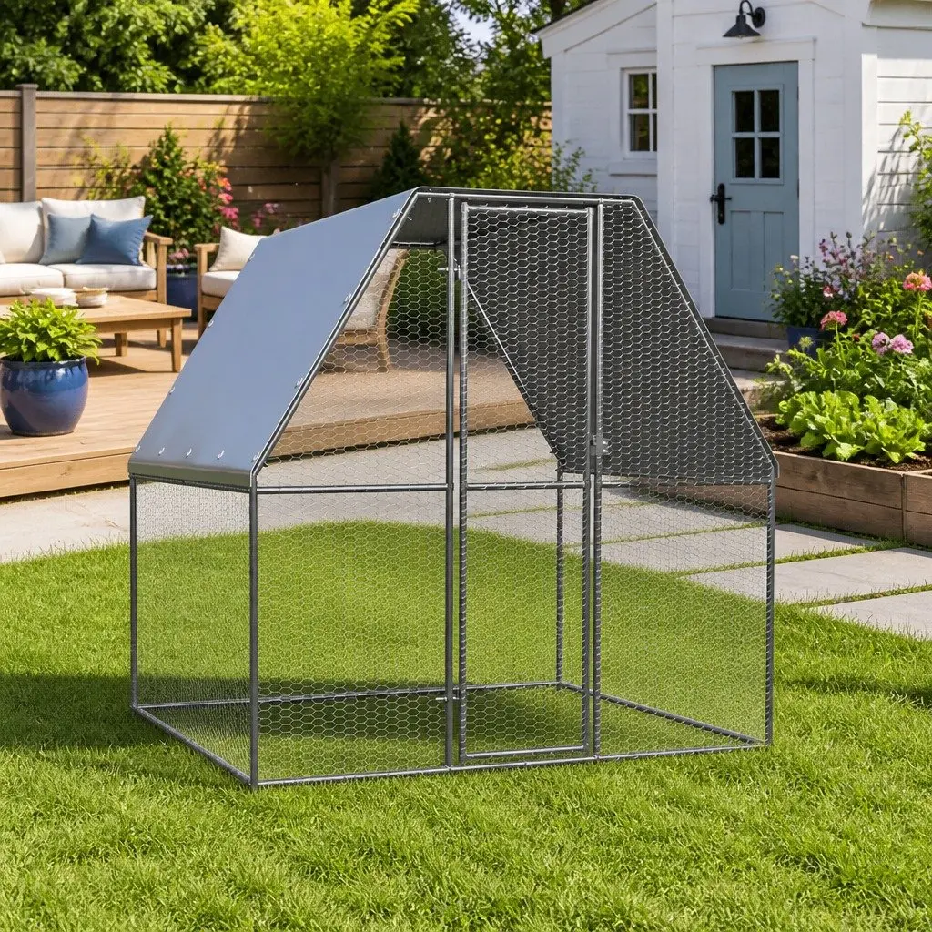Galvanised Steel Chicken Enclosure 2m Outdoor Run with Lockable Gate Silver 2x2x2m for Small Animals