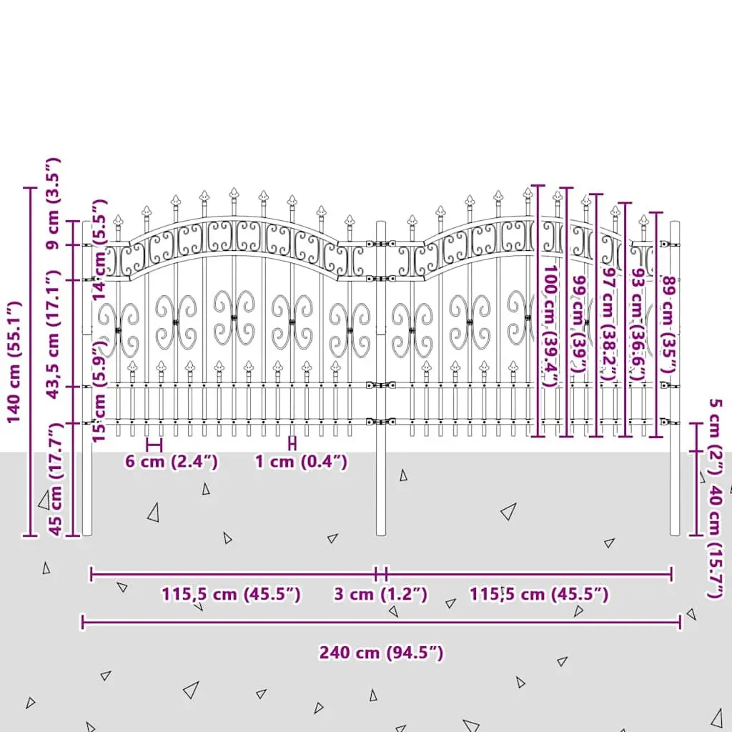 Garden Fence Panel Perimeter Barrier 240 x 100 cm Black Powder-Coated Steel Decorative