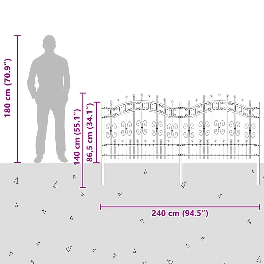 Garden Fence Panel Perimeter Barrier 240 x 100 cm Black Powder-Coated Steel Decorative