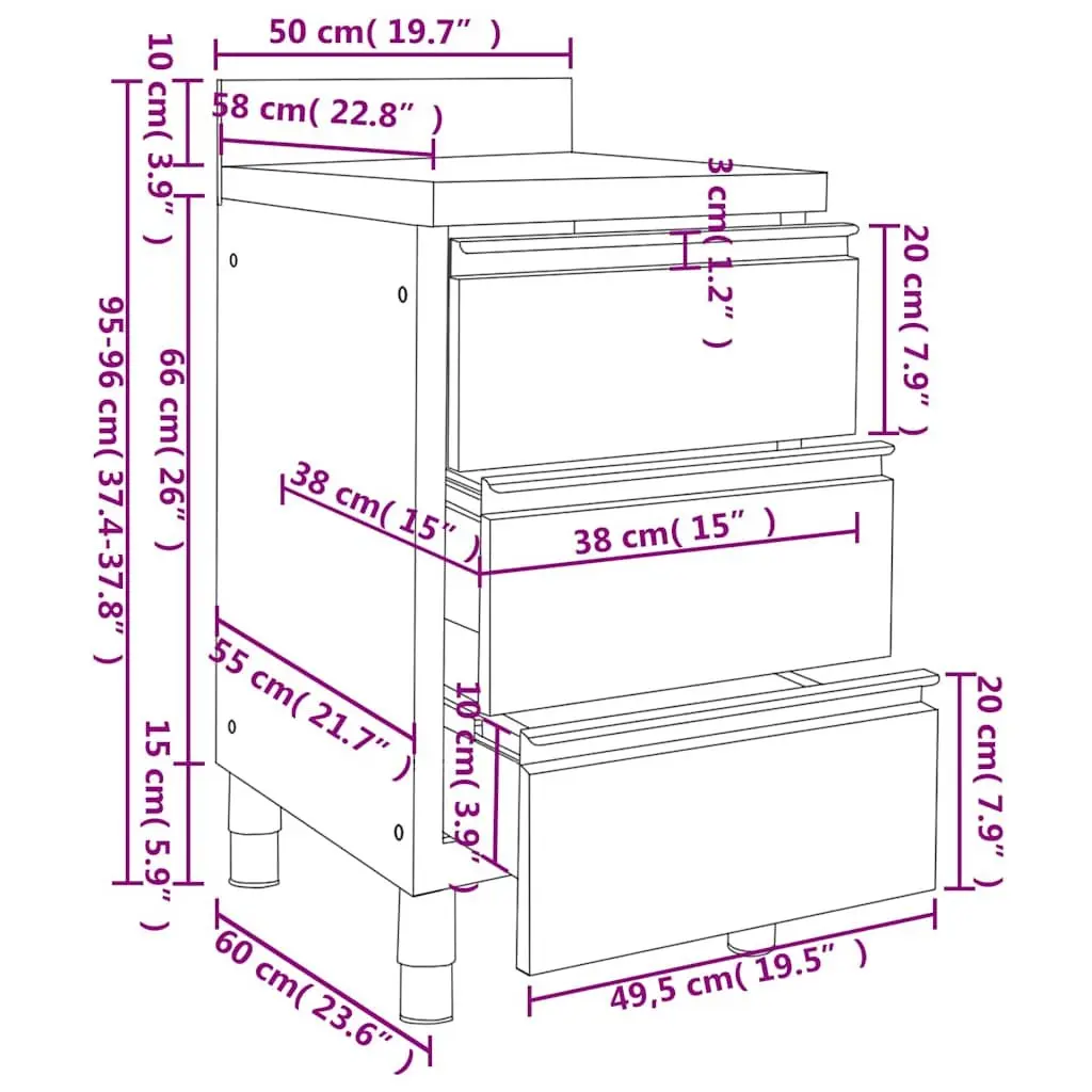 Commercial Kitchen Cabinet with 3 Drawers Storage Unit 50x60x96cm