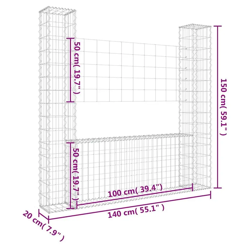 U-Shape Gabion Basket Retaining Wall Fence Panel 140 x 20 x 150 cm Silver