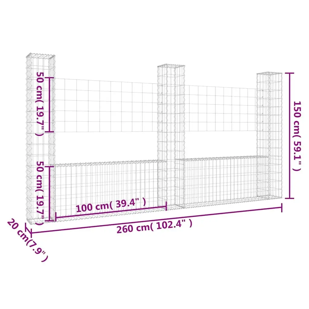 U-Shape Gabion Basket Retaining Wall Garden Barrier Silver 260 x 20 x 150 cm