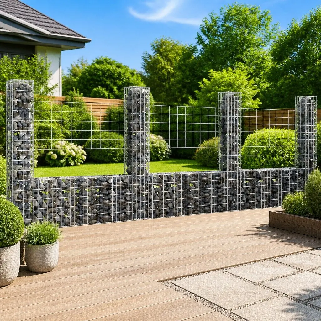 U-Shape Gabion Basket Fence Panel Retaining Wall 380x20x150cm Silver with 4 Posts