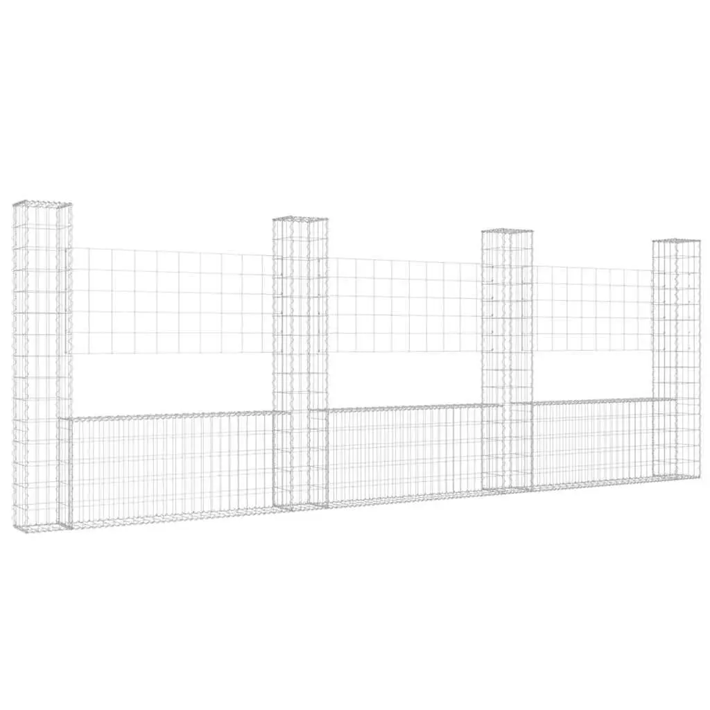 U-Shape Gabion Basket Fence Panel Retaining Wall 380x20x150cm Silver with 4 Posts