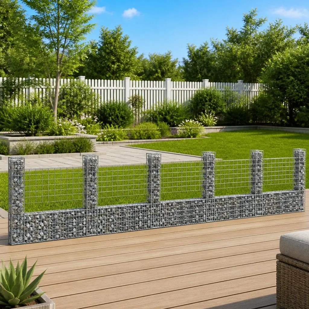U-Shape Gabion Basket Garden Barrier 620 x 20 x 150 cm Silver with 6 Posts