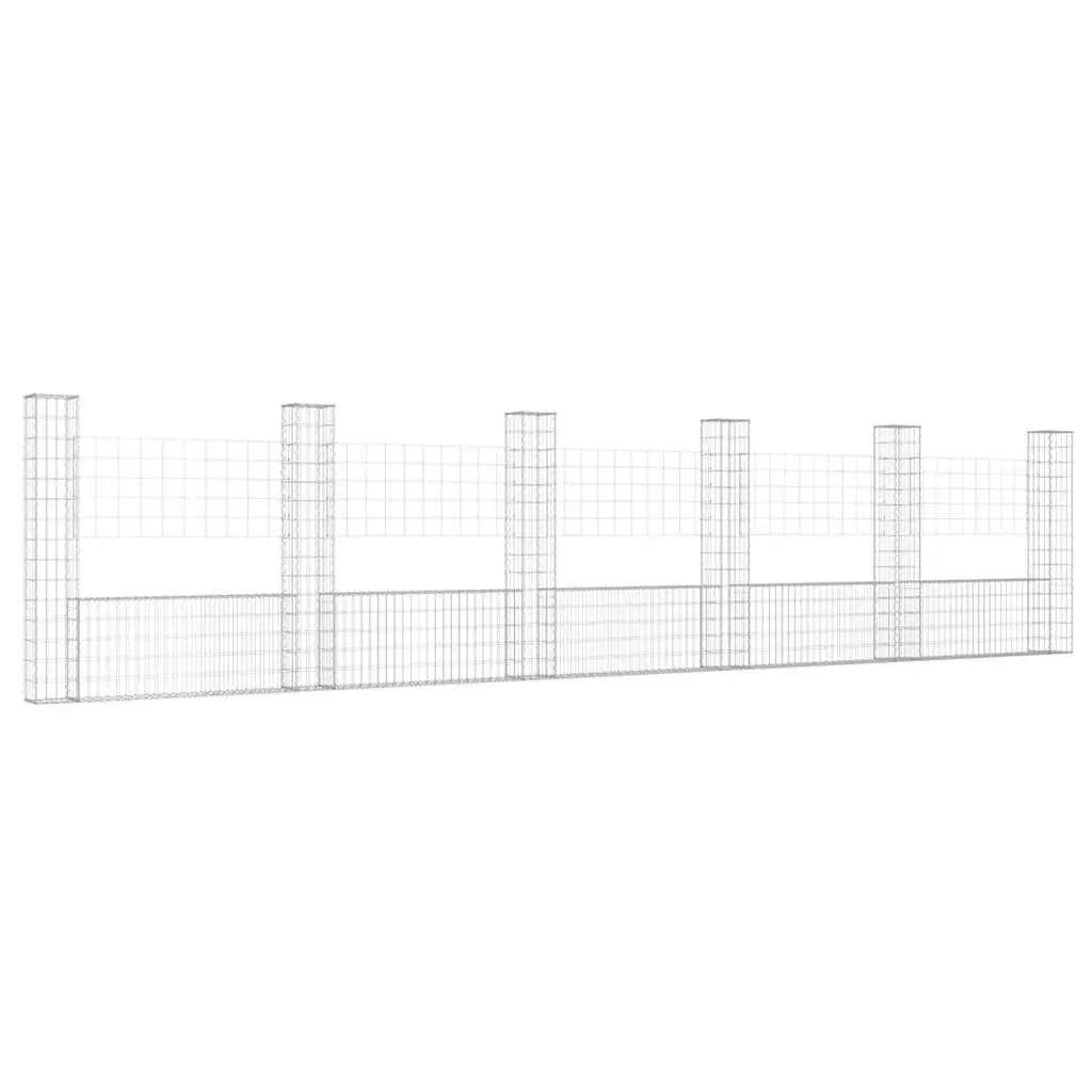 U-Shape Gabion Basket Garden Barrier 620 x 20 x 150 cm Silver with 6 Posts