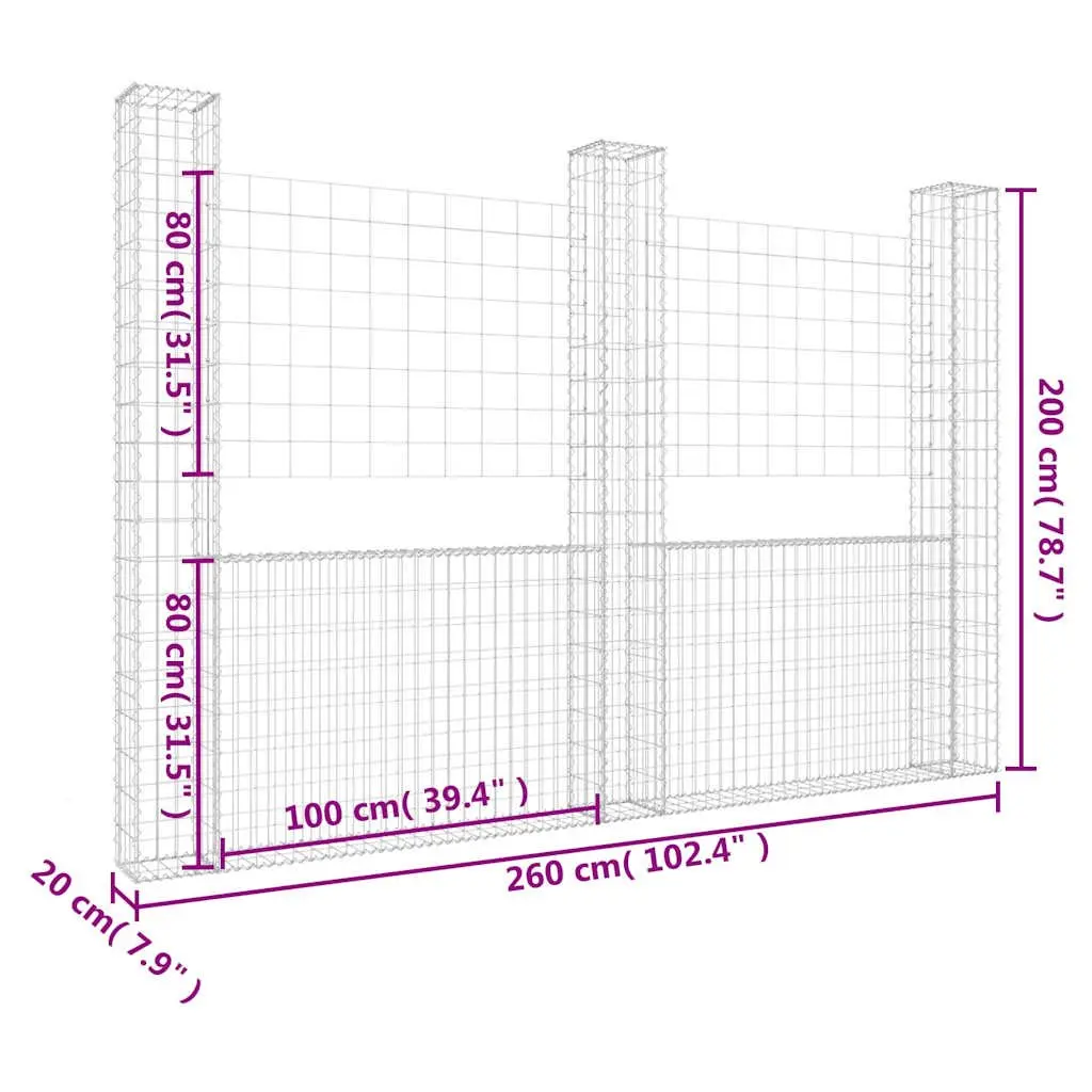 U-Shape Gabion Basket Fence Panel Retaining Wall 260x20x200cm Silver