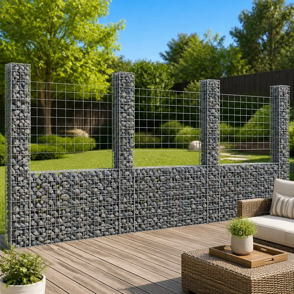 U-Shape Gabion Basket Fence Panel with 4 Posts Iron Garden Retaining Wall 380 x 20 x 200 cm Silver