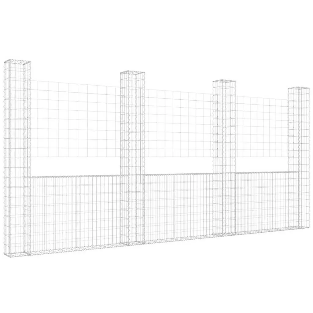 U-Shape Gabion Basket Fence Panel with 4 Posts Iron Garden Retaining Wall 380 x 20 x 200 cm Silver