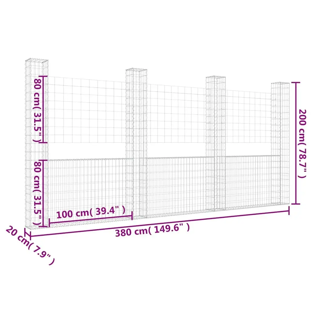 U-Shape Gabion Basket Fence Panel with 4 Posts Iron Garden Retaining Wall 380 x 20 x 200 cm Silver