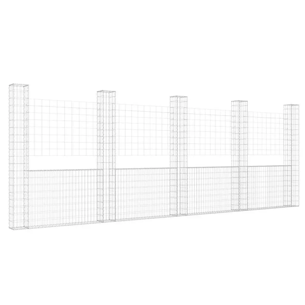 U-Shape Gabion Basket Retaining Wall 500x20x200cm Silver Iron with 5 Posts