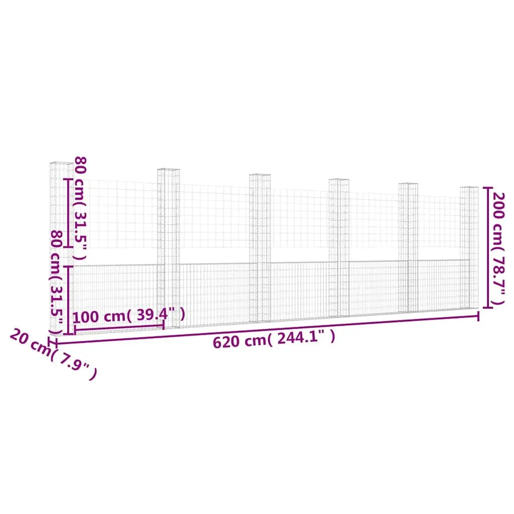 U-Shape Gabion Basket Fence Panel Garden Retaining Wall 620 x 20 x 200 cm Silver