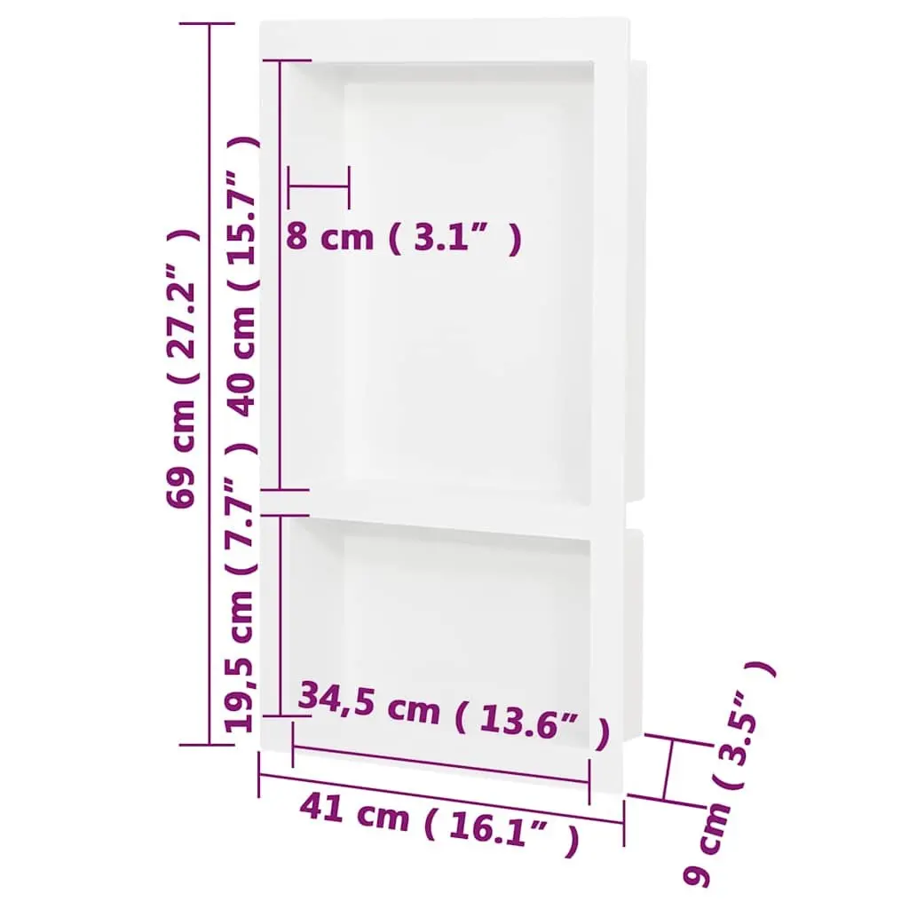 Shower Niche Storage Wall Mounted Shelf Unit 2 Compartments High Gloss White 41 x 69 x 9 cm