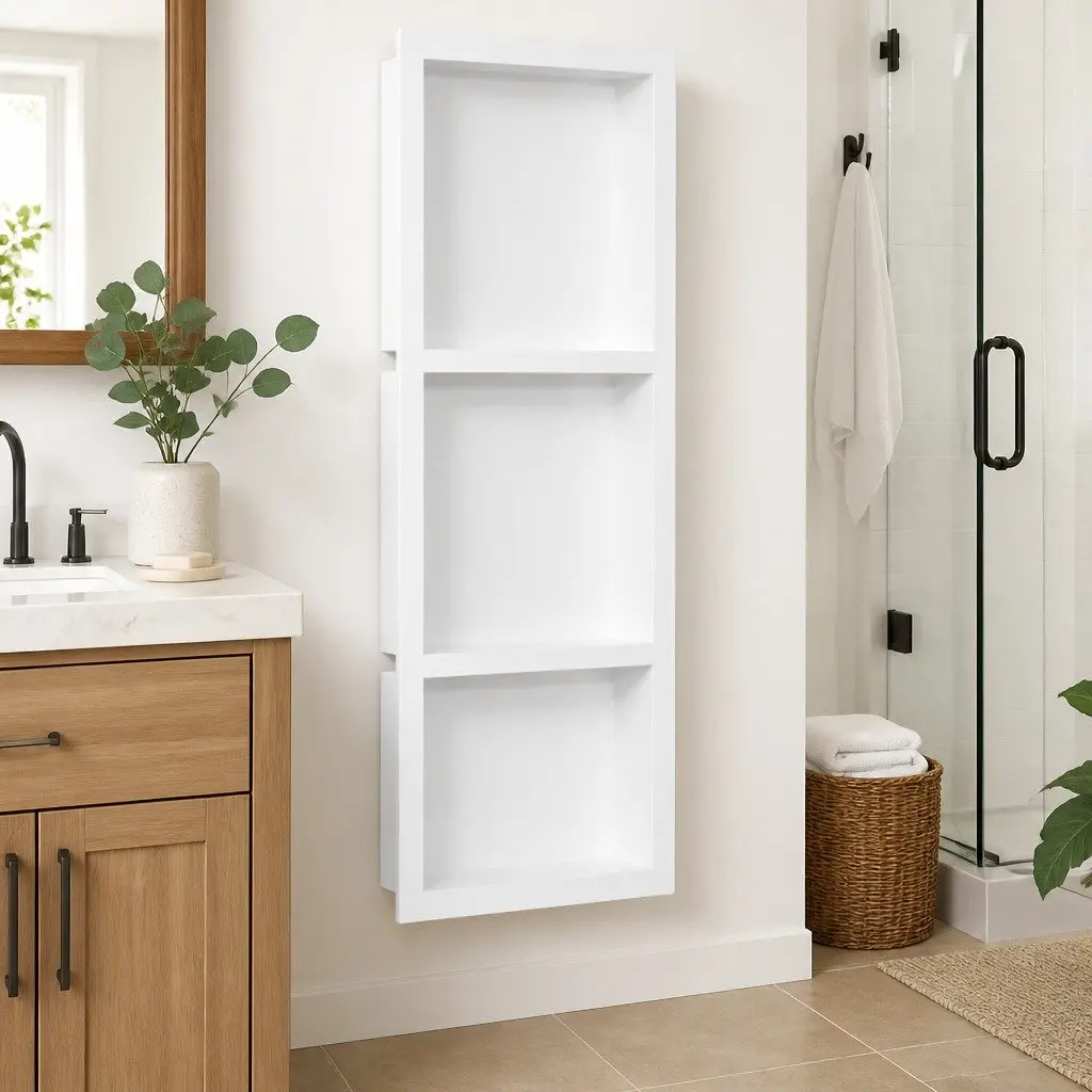 Shower Niche Wall Mount Bathroom Storage Shelf 3 Compartments High Gloss White