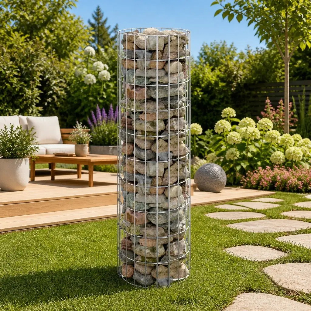 Circular Gabion Pole Galvanised Steel Garden Fence Barrier 30 cm Diameter 100 cm Height Silver