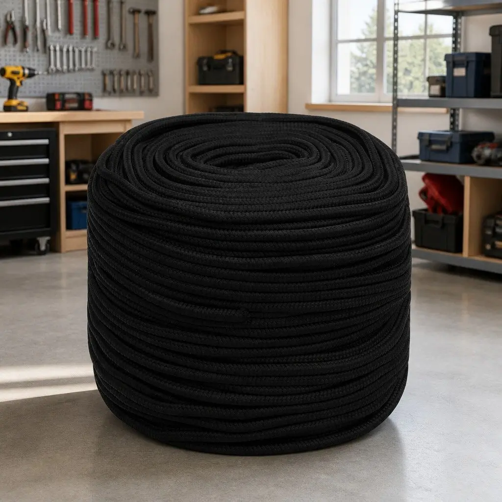 Braided Polyester Work Rope 10mm 50m Black for Garden Workshop Home Use