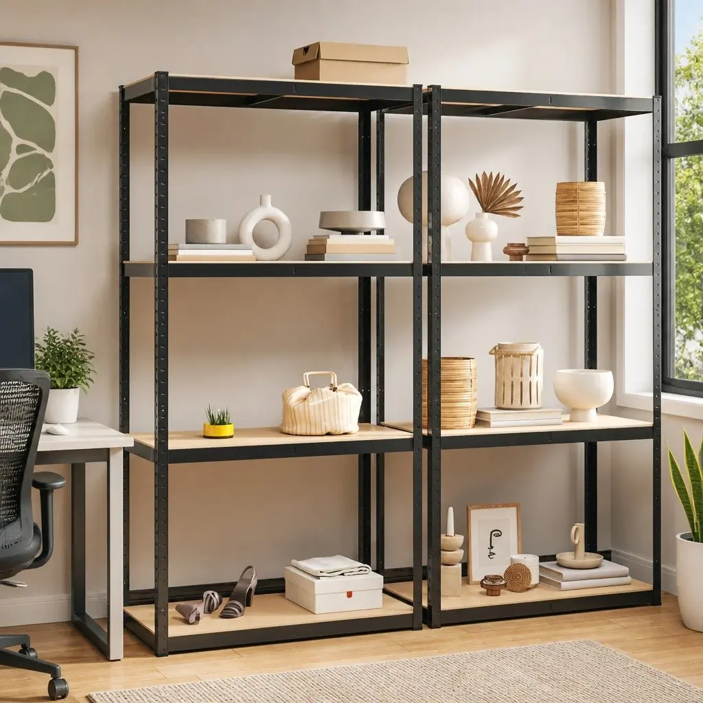 Industrial Storage Shelves 4-Layer Anthracite Steel Engineered Wood Organiser 2 Piece