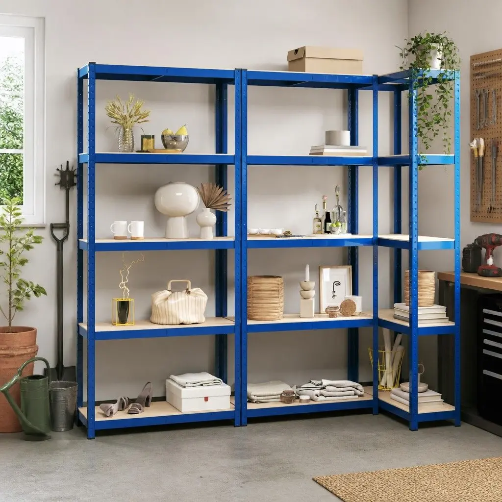 Industrial Storage Shelves 5 Layer Heavy Duty Boltless Adjustable 3 pcs Blue Steel Engineered Wood