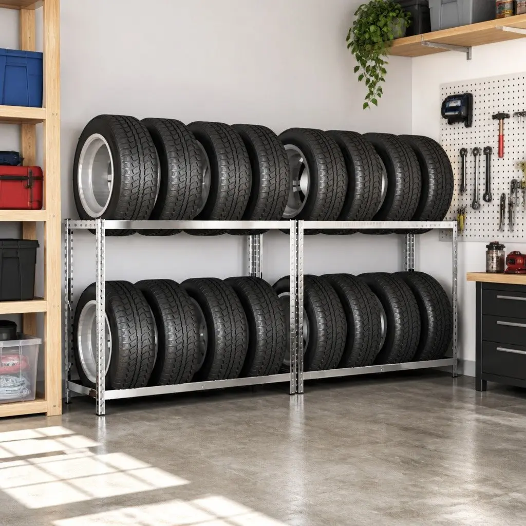 2-Layer Tire Racks Industrial Storage Shelving Steel Frame Garage Organization Silver