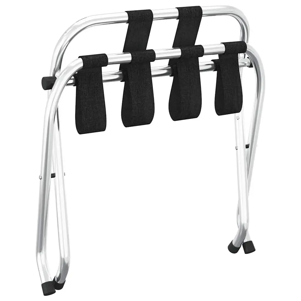 Luggage Rack with Backrest Silver Foldable Hotel Stand Steel Frame Nylon Straps