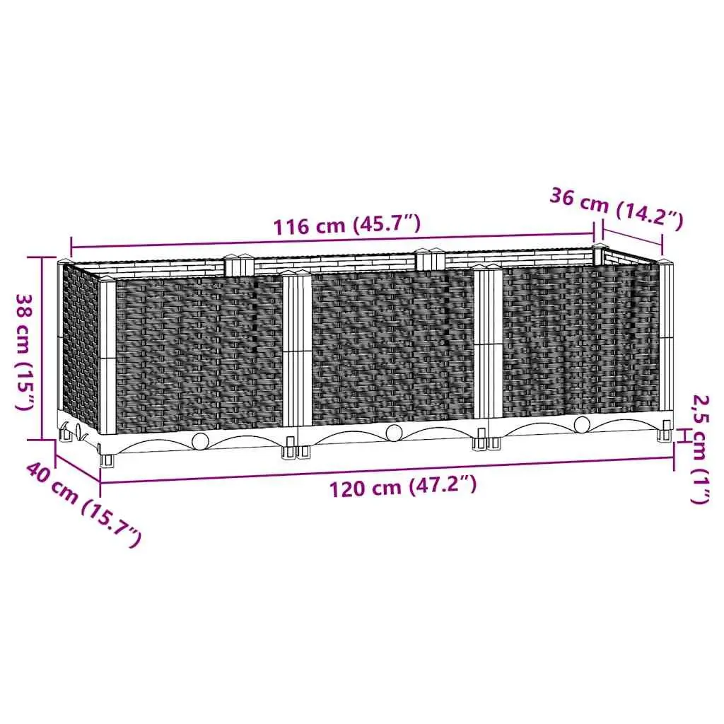 Raised Garden Bed Grey Polypropylene 120x40x38cm Flower Planter Box Outdoor