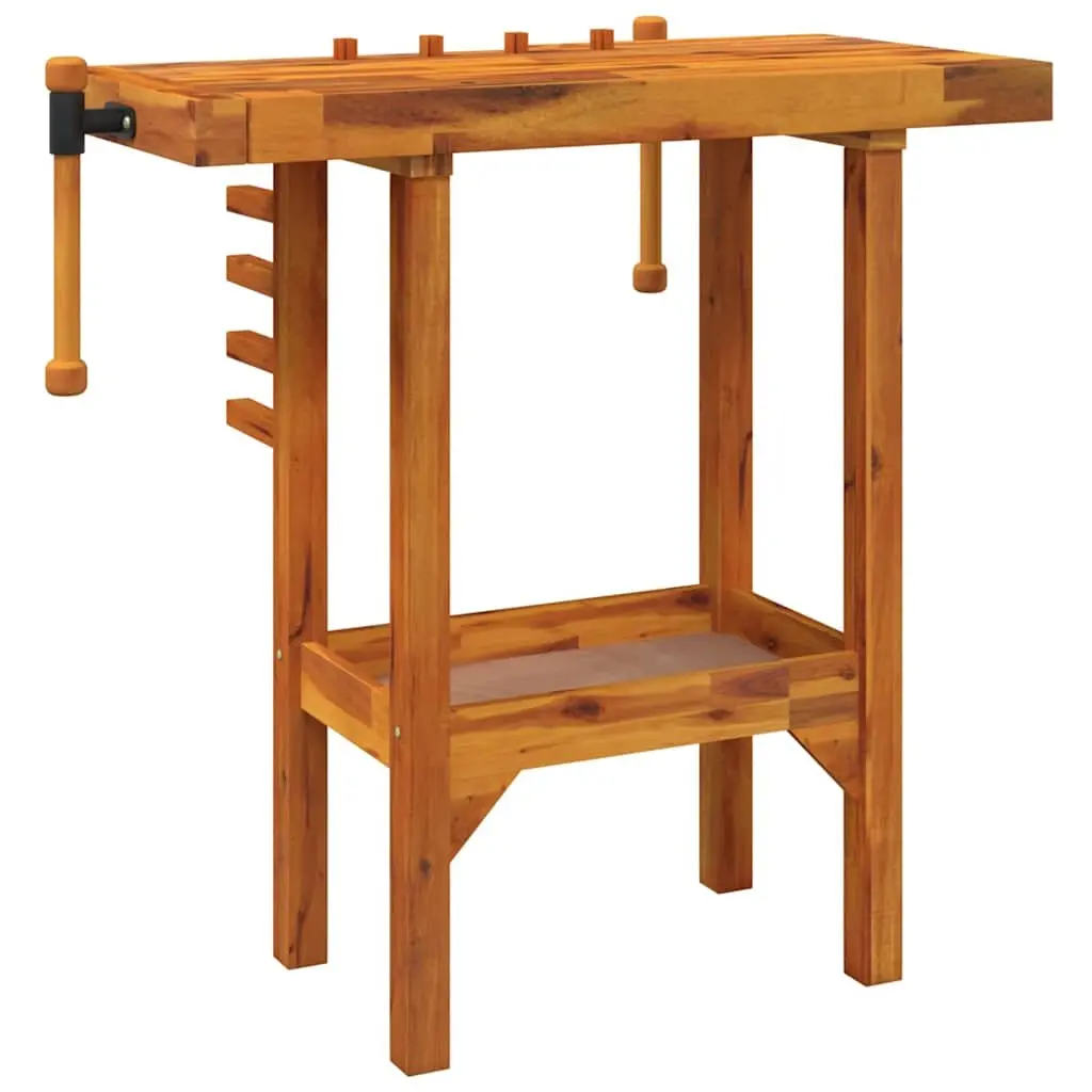 Solid Acacia Wood Workbench with Vices 92x48x83cm Brown for Garage Workshop Shed