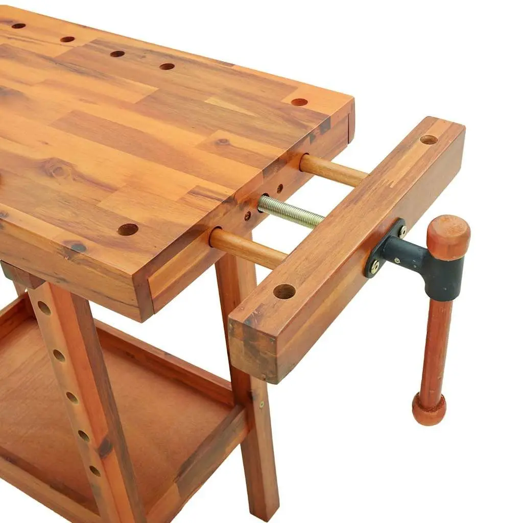 Solid Acacia Wood Workbench with Vices 92x48x83cm Brown for Garage Workshop Shed