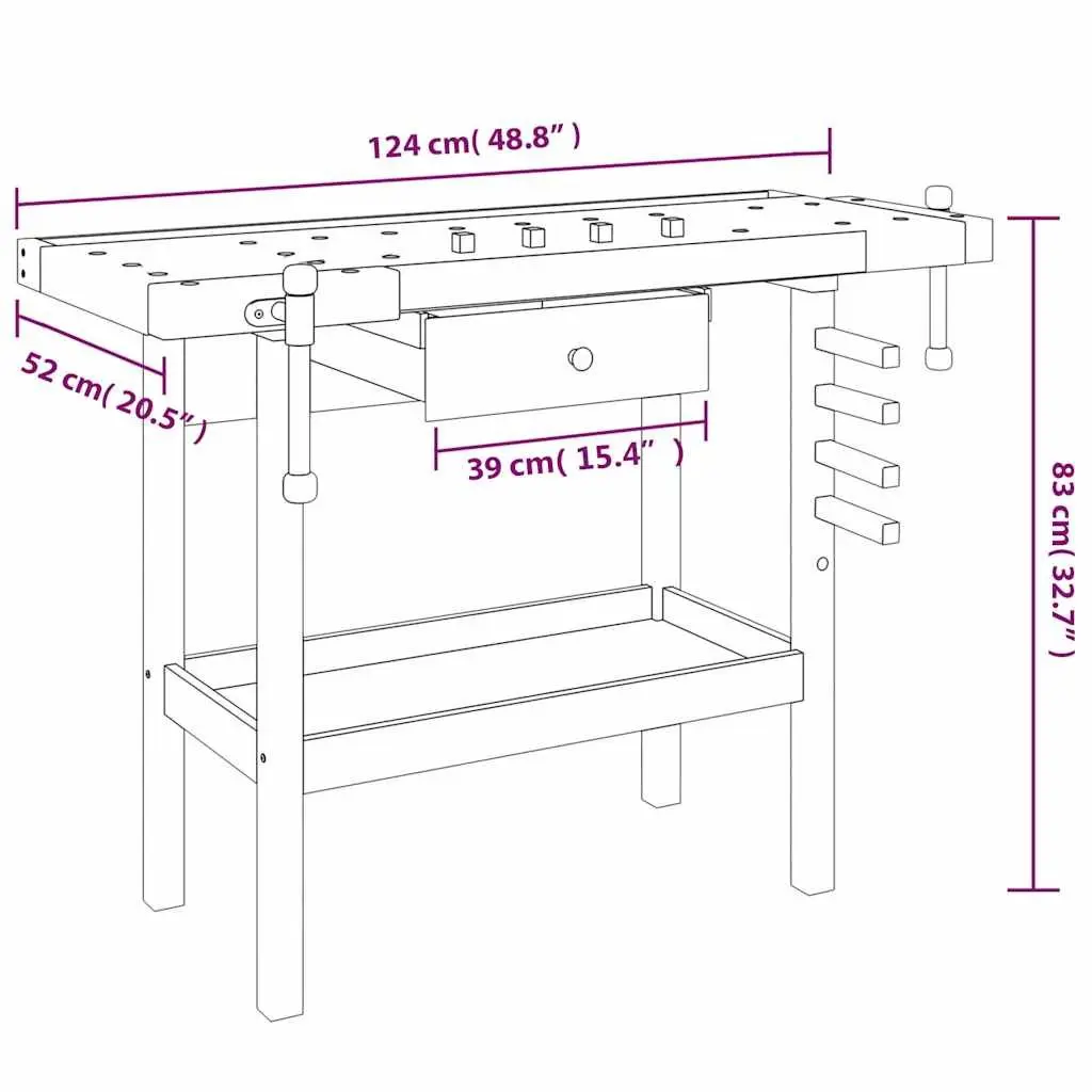 Workbench Solid Acacia Wood Storage Drawer Shelf 124x52x83cm Brown