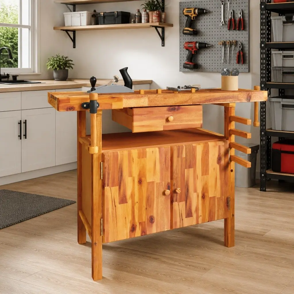 Wooden Workbench with Ample Storage Solutions