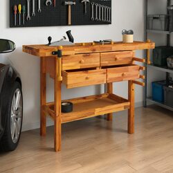 Solid Wood Workbench with Drawers Shelf Vices 124x52x83cm Workshop Storage