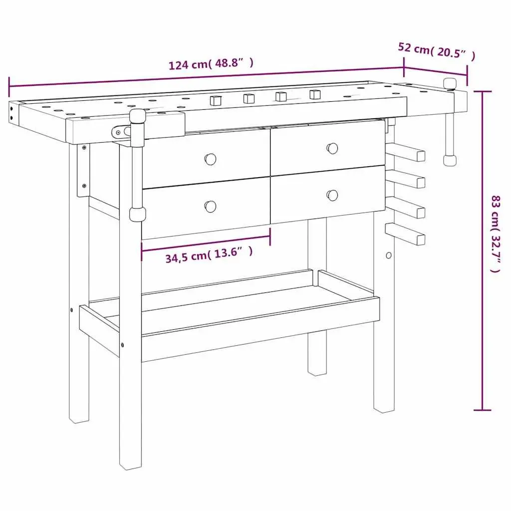 Solid Wood Workbench Storage 124x52x83cm Brown