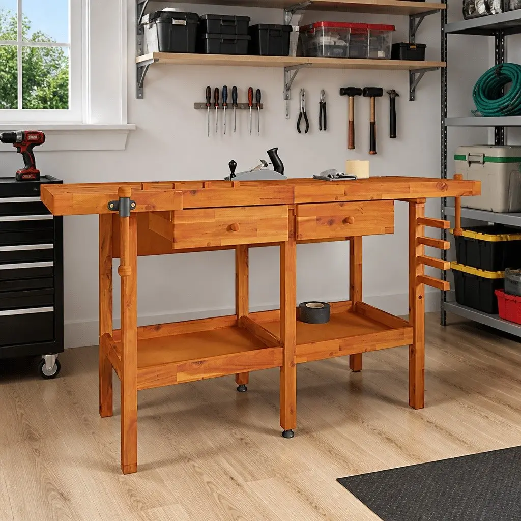 Solid Wood Workbench with 2 Drawers Shelf and Dual Vices 162x62x83cm Workshop